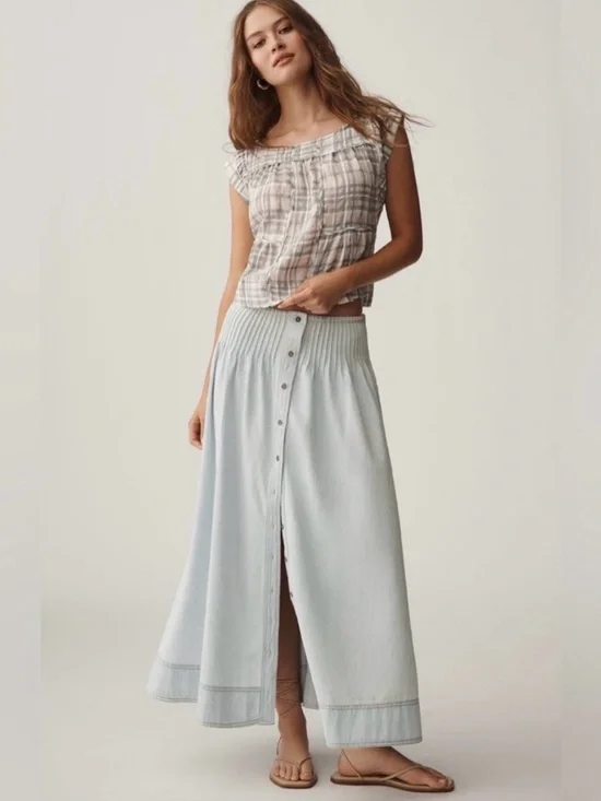 ANTHROPOLOGIE Pilcro Pintuck Basque-Waist Denim Maxi Skirt XL Light Wash $98 NWT - Picture 6 of 14